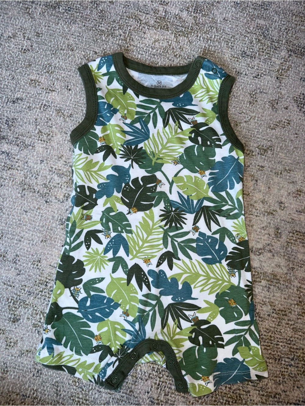 The Honest Company Green & Blue Tropical Leaf Sleeveless Romper